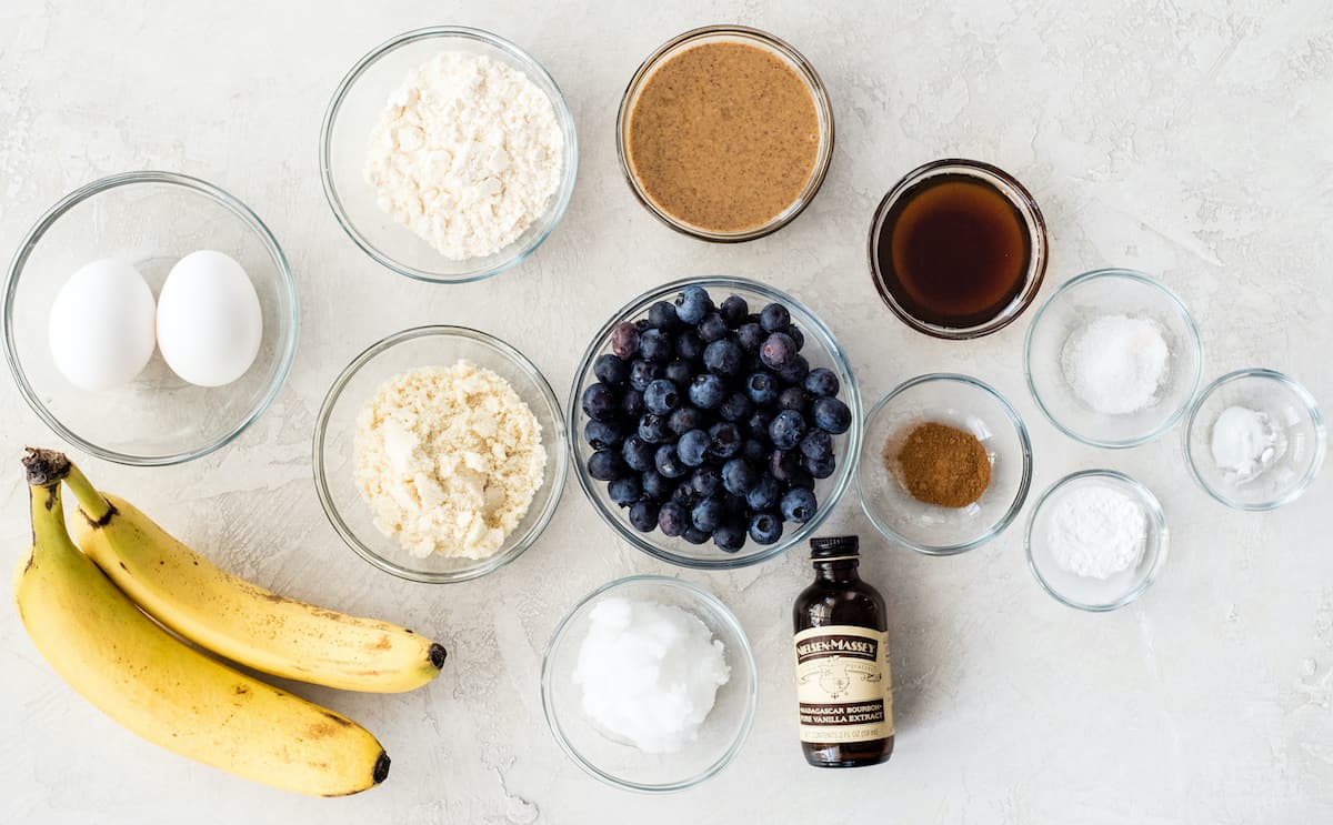 overhead photo of the ingredients in this Paleo Blueberry Muffins recipe