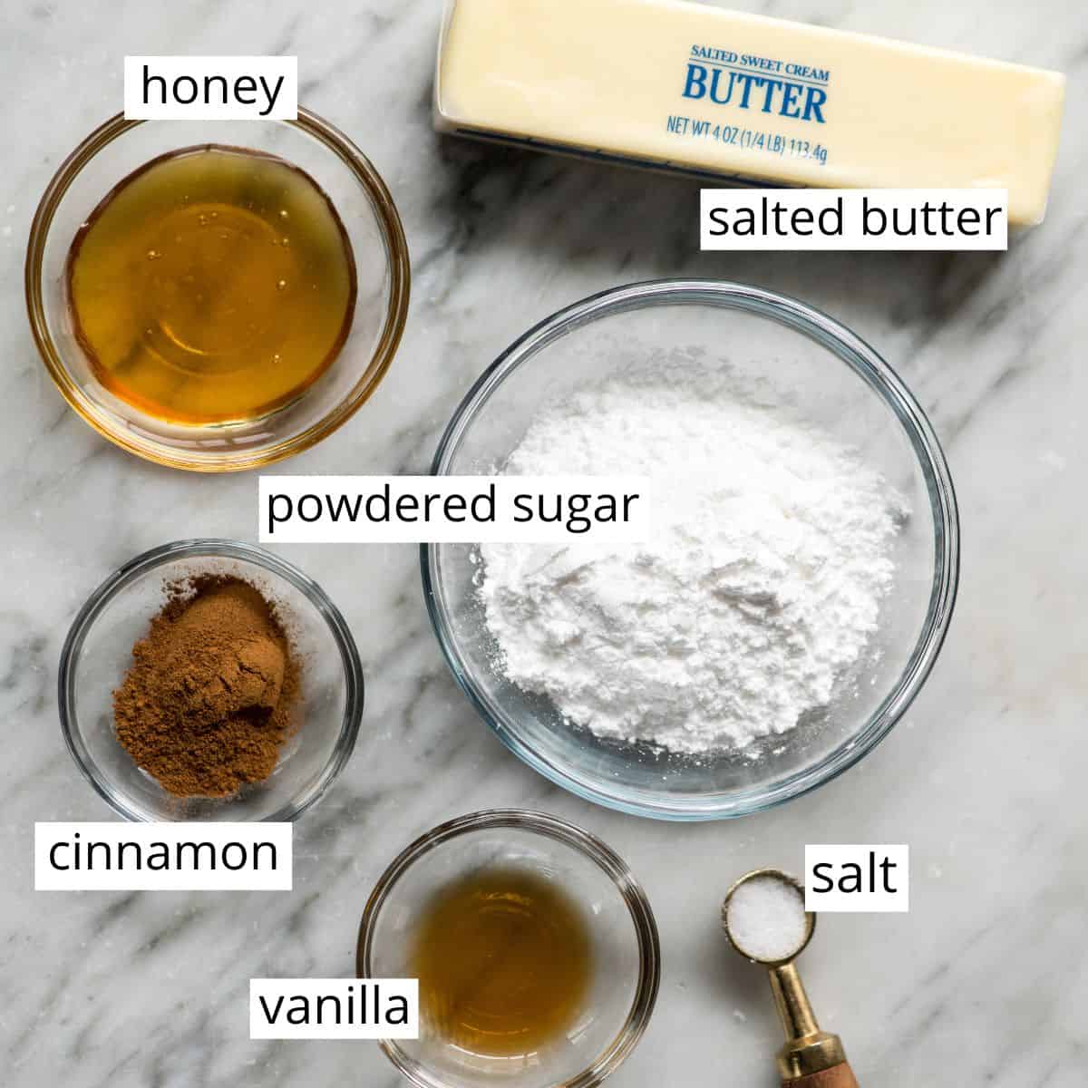 overhead view of the labeled ingredients in this cinnamon honey butter recipe