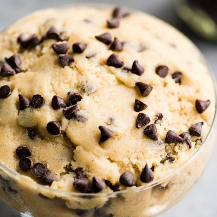 up close view of Edible Cookie Dough in a glass dish