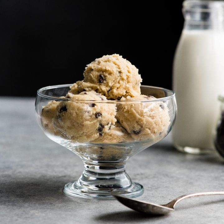 front view of four scoops of Edible Cookie Dough in a glass dish