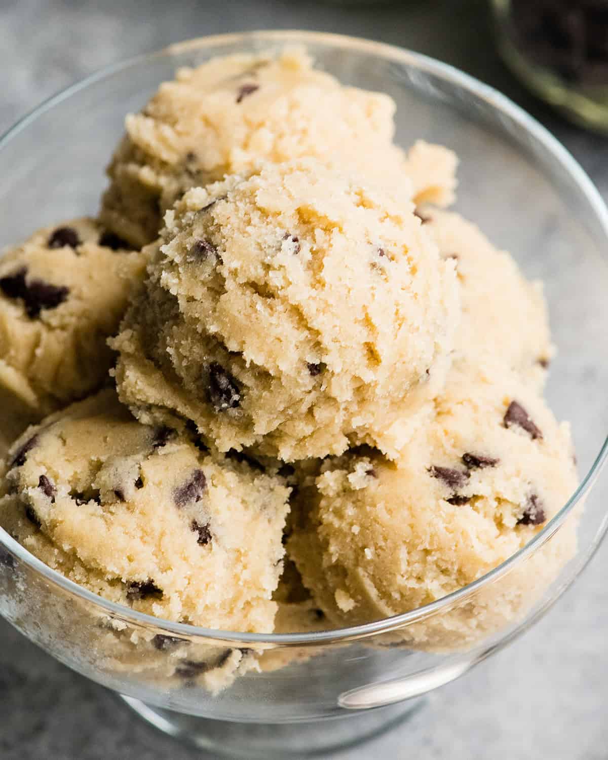 front view of six scoops of Edible Cookie Dough in a glass dish
