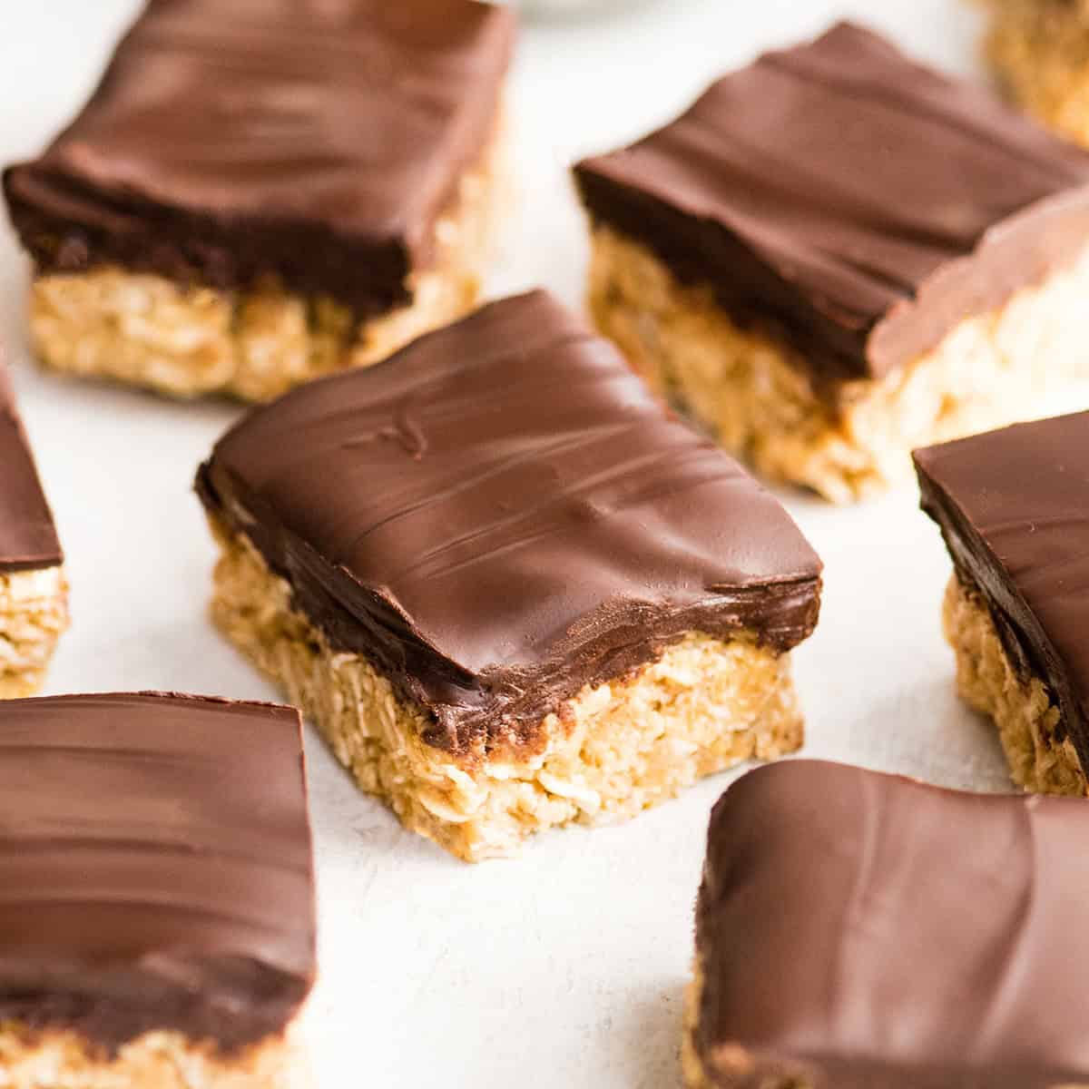6 No Bake Oatmeal Bars with chocolate topping