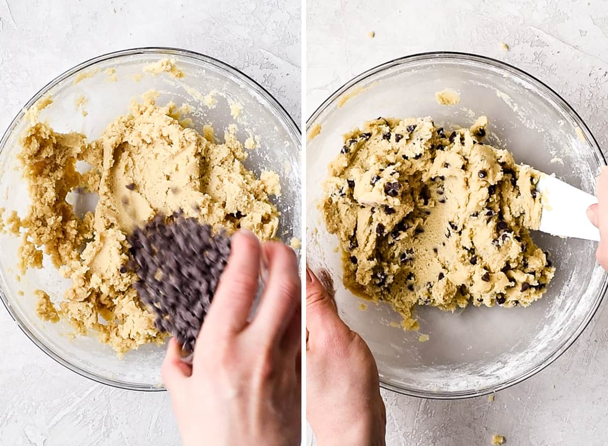 two overhead photos of a glass bowl showing the mini chocolate chips being added and mixed into this Edible Cookie Dough recipe