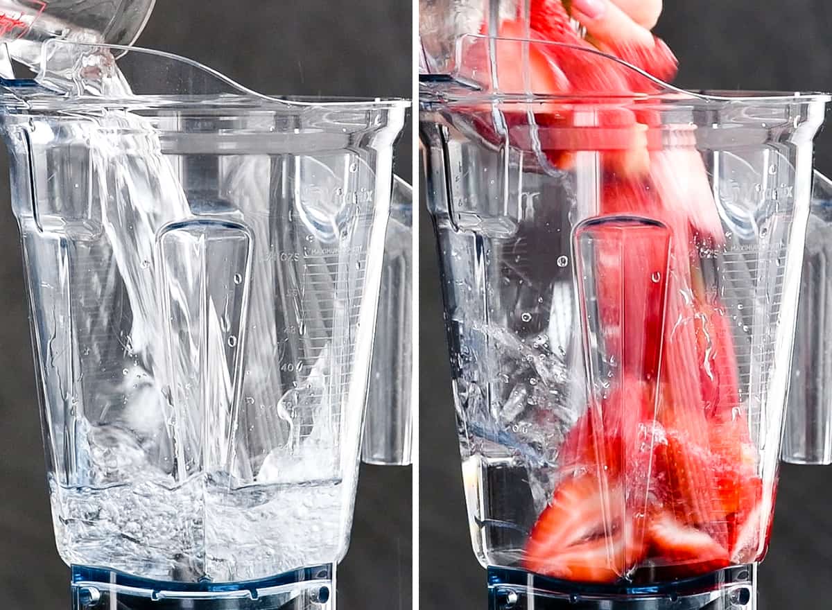two front view photos, the left shows water being poured into the container of a vitamix blender. The right shows strawberries being poured into the container of a vitamix blender to make Homemade Strawberry Lemonade