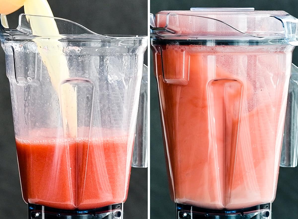 two front view photos of a vitamix blending container. the left shows lemon juice being poured into the container. the right shows the container with the lid on blending Homemade Strawberry Lemonade