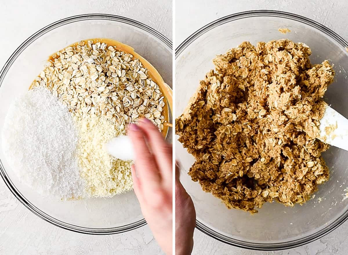 two photos showing how to make No Bake Oatmeal Bars  - stirring in dry ingredients
