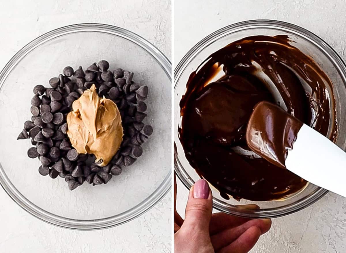 two photos showing how to make the chocolate topping for No Bake Oatmeal Bars 