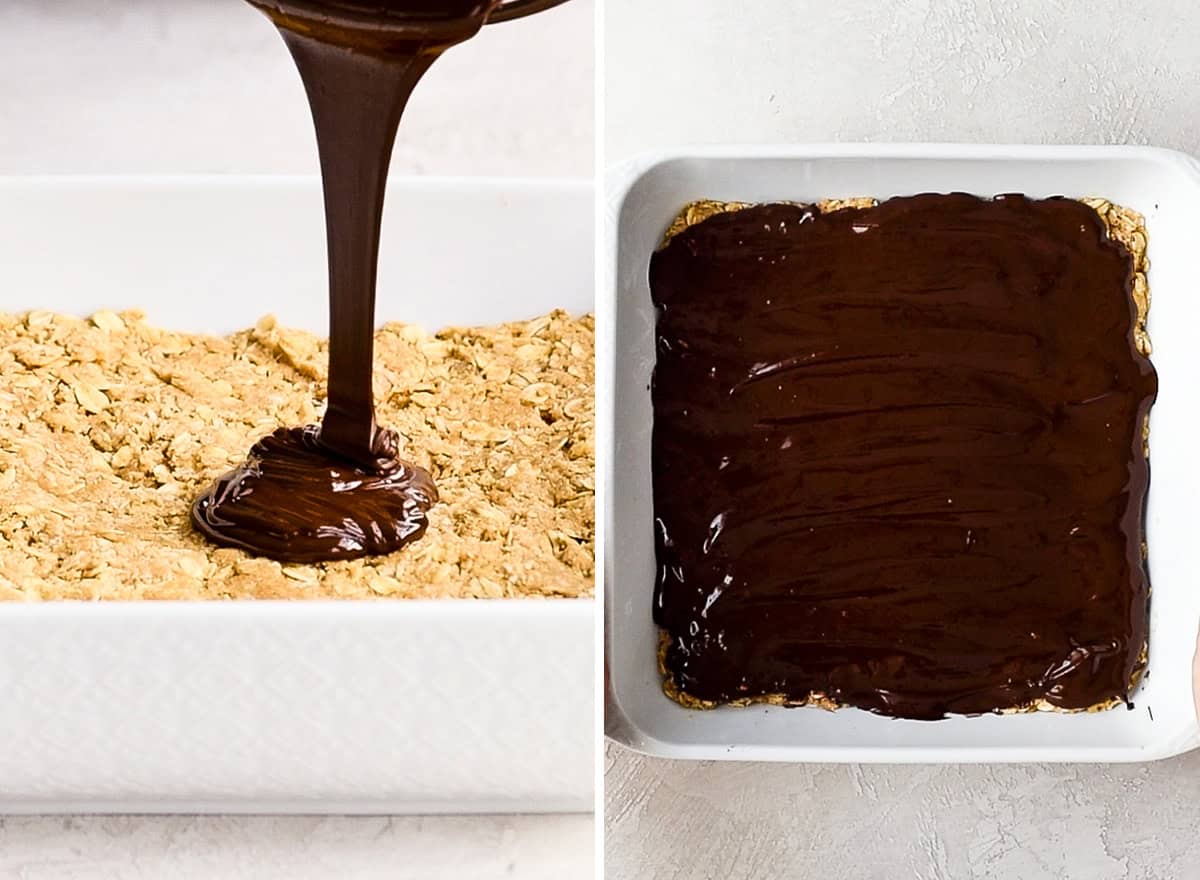 two photos showing pouring and spreading the chocolate topping over No Bake Oatmeal Bars 