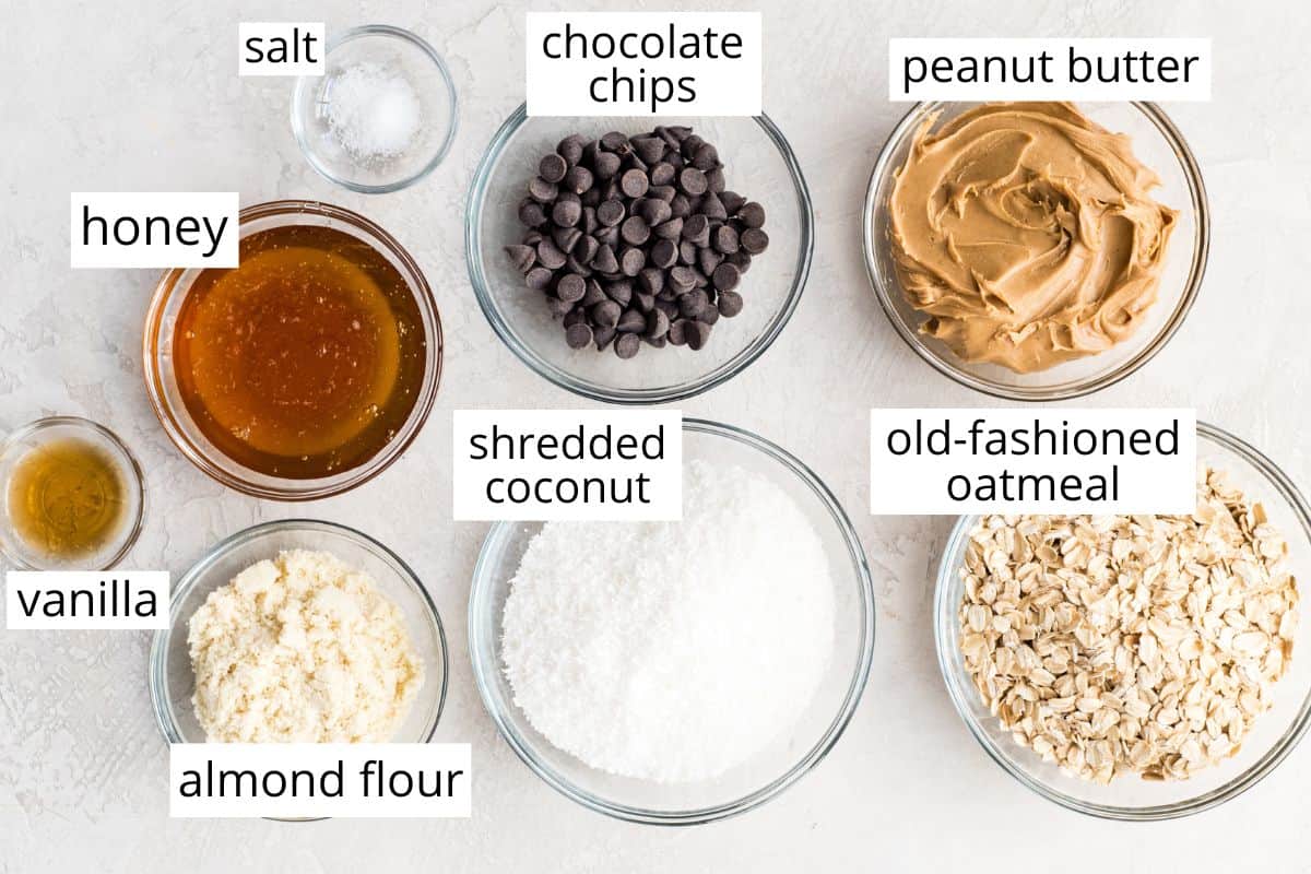 overhead photo of the labeled ingredients in this No Bake Oatmeal Bars recipe