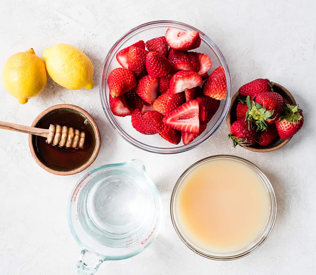 overhead view of the ingredients in this strawberry lemonade recipe