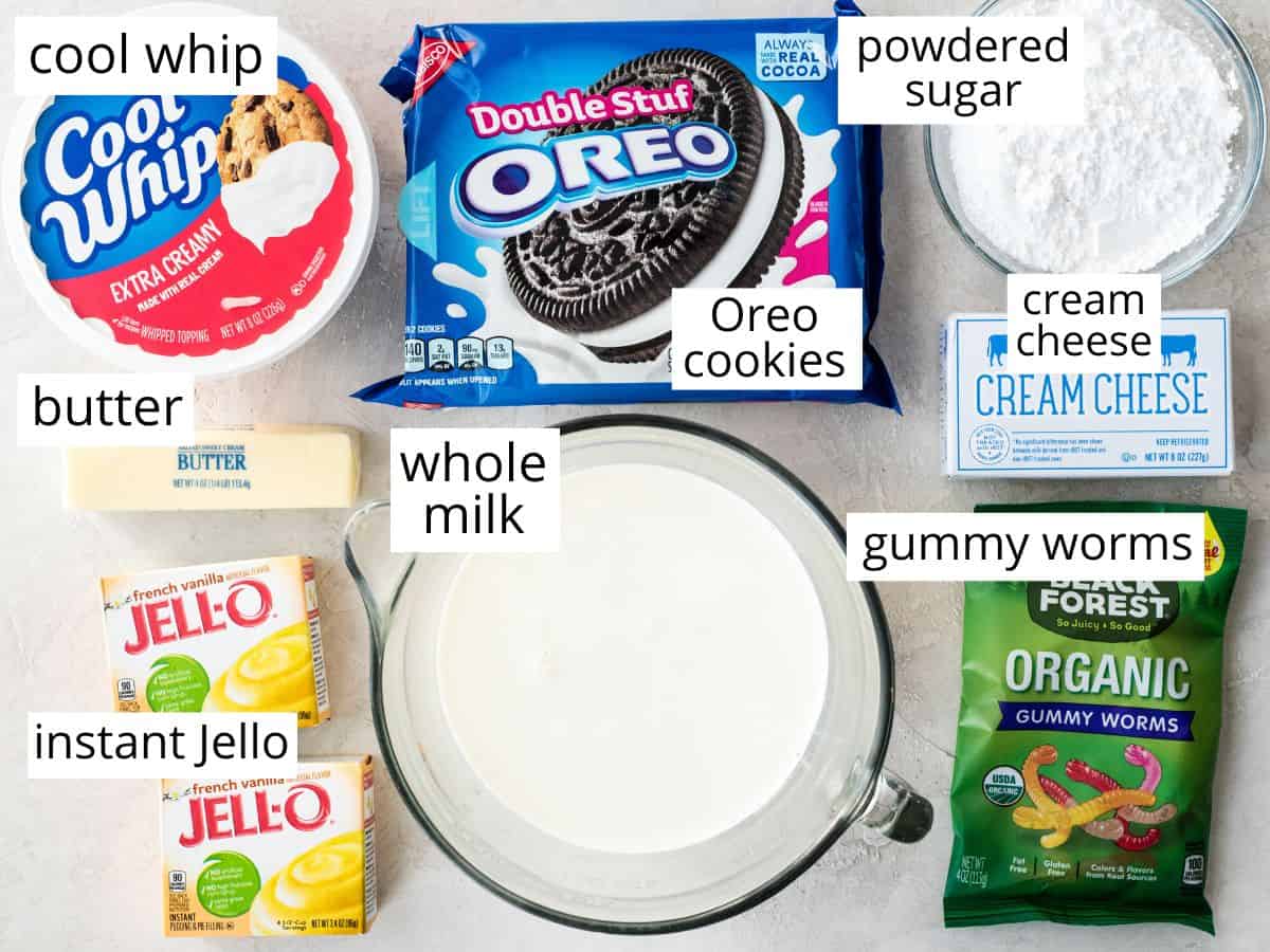 overhead view of the labeled ingredients in this Oreo dirt cake recipe
