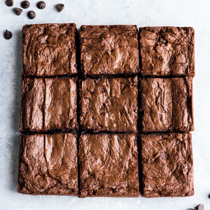 overhead view of the Brownie Recipe cut into 9 squares