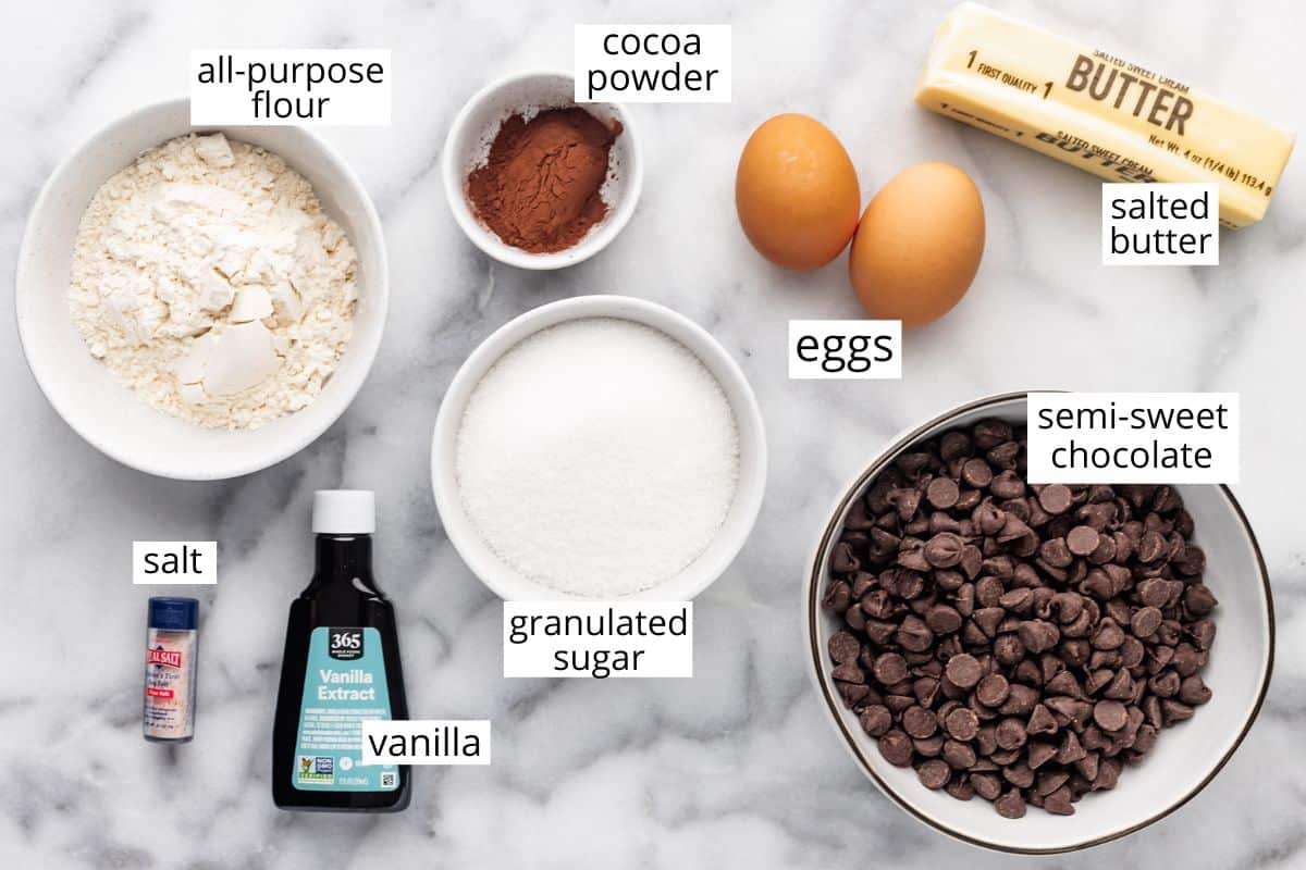 overhead view of the ingredients in this brownie recipe 