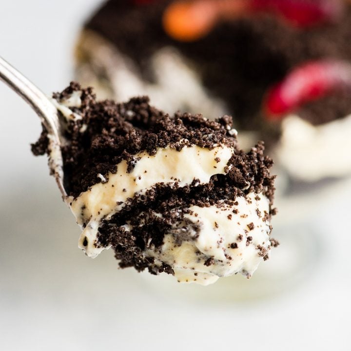 up-close front view of a spoon holding a scoop of Oreo Dirt Cake with two layers of pudding and two layers of crushed oreos