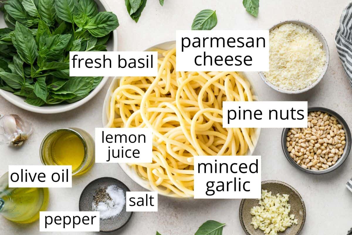 overhead photo of the labeled ingredients in this Homemade Basil Pesto Sauce recipe