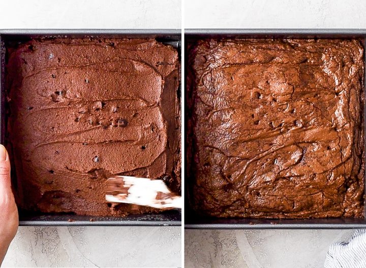 two overhead photos showing how to make brownies - in the baking pan before and after baking