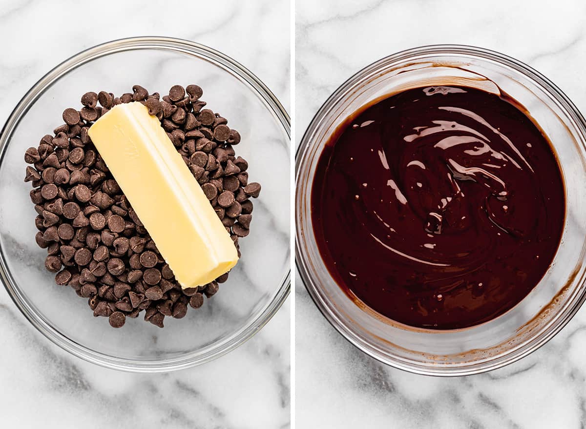 two photos showing how to make brownies - melting butter and chocolate 