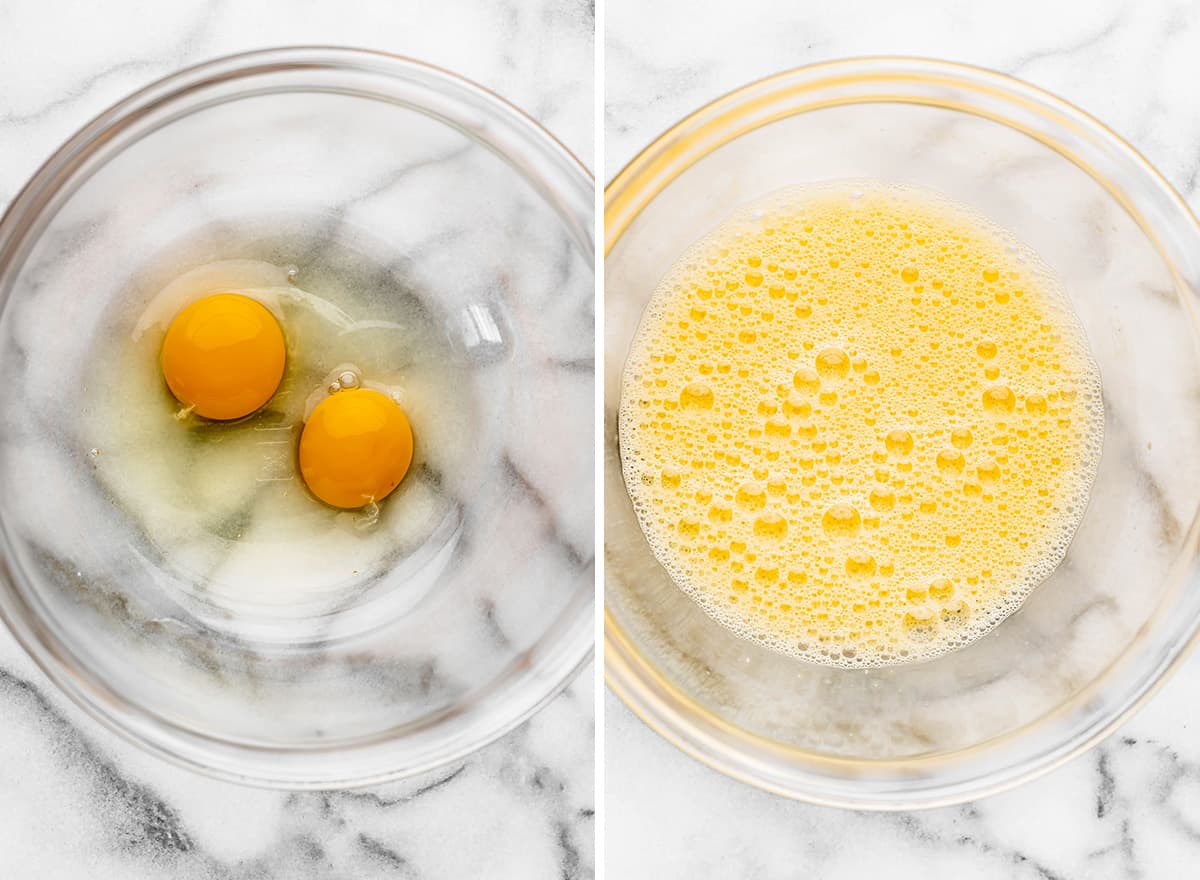 two photos showing how to make brownies - beating eggs until fluffy