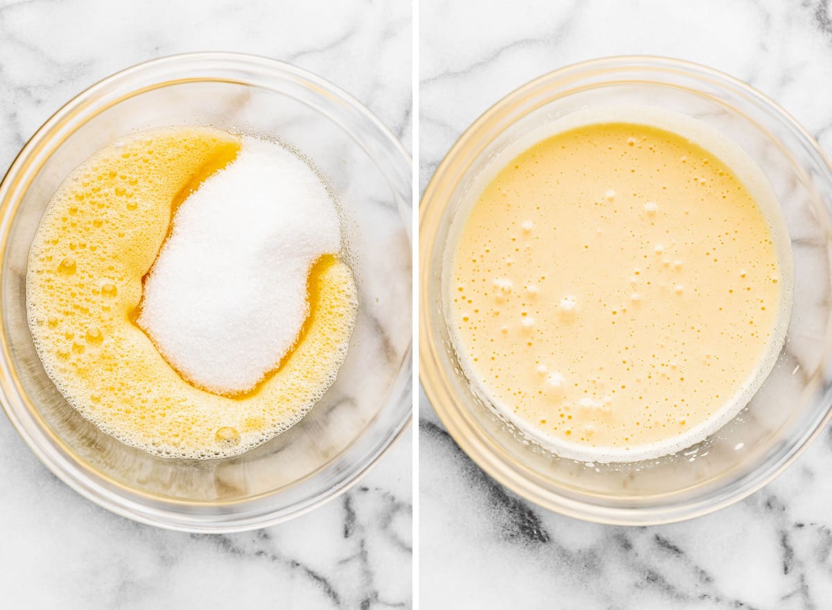 two photos showing how to make brownies - beating sugar into eggs