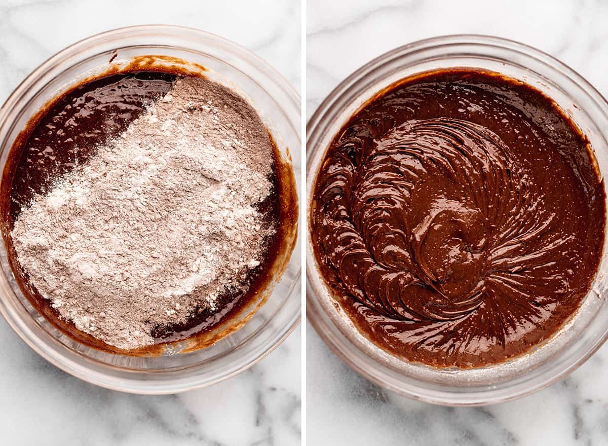 two photos showing how to make brownies - adding dry ingredients 