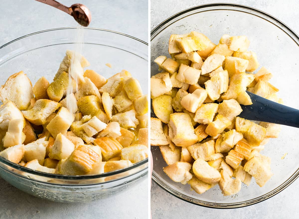 two photos showing How to Make Burrata Salad - making croutons