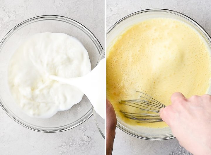 two photos showing how to make dirt cake - combining milk and pudding