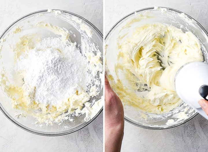 two photos showing how to make dirt cake - beating in powdered sugar