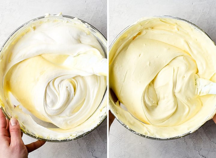 two photos showing how to make dirt cake - folding in cool whip