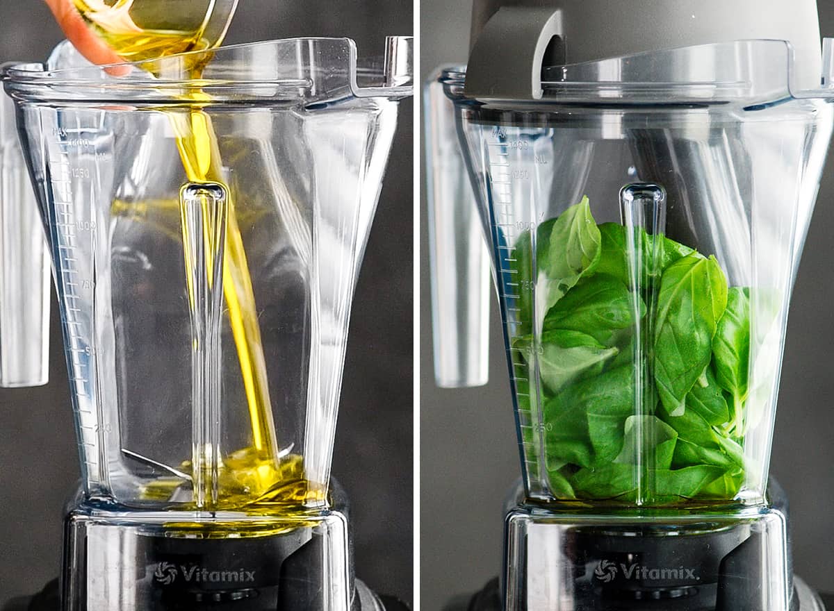 two front view photos of a vitamix blender container. The left photo shows olive oil being poured into the container, the right photo shows it full of fresh basil leaves. The first two steps in making this Basil Pesto Sauce Recipe