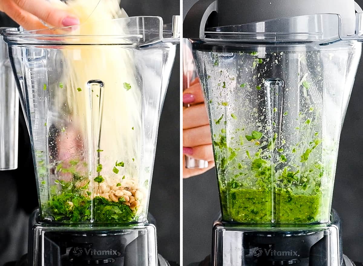 two front view photos of a Vitamix blender container. The left photo shows parmesan cheese being poured into the container, the right photo shows the final blended product, this Basil Pesto Sauce Recipe