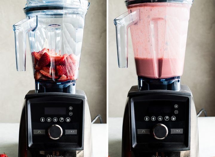 two photos, both showing a front view of a vitamix blender. The left photo has strawberries in the blender, the right photo shows the Homemade Fruit Popsicle mixture after blending. 