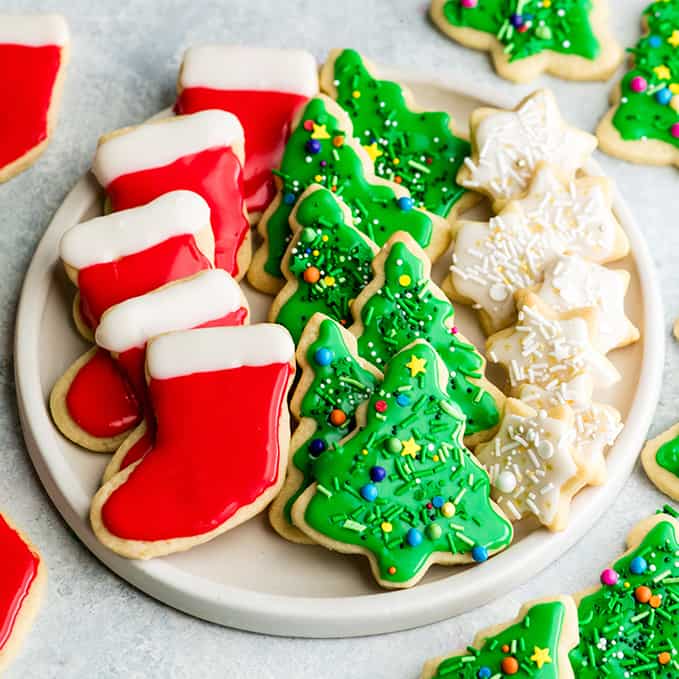 overhead photo of a plate of Christmas cookies