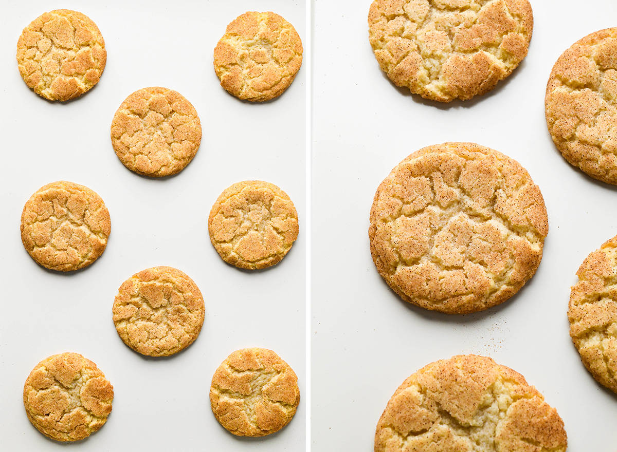 two photos showing snickerdoodles after baking on a baking sheet