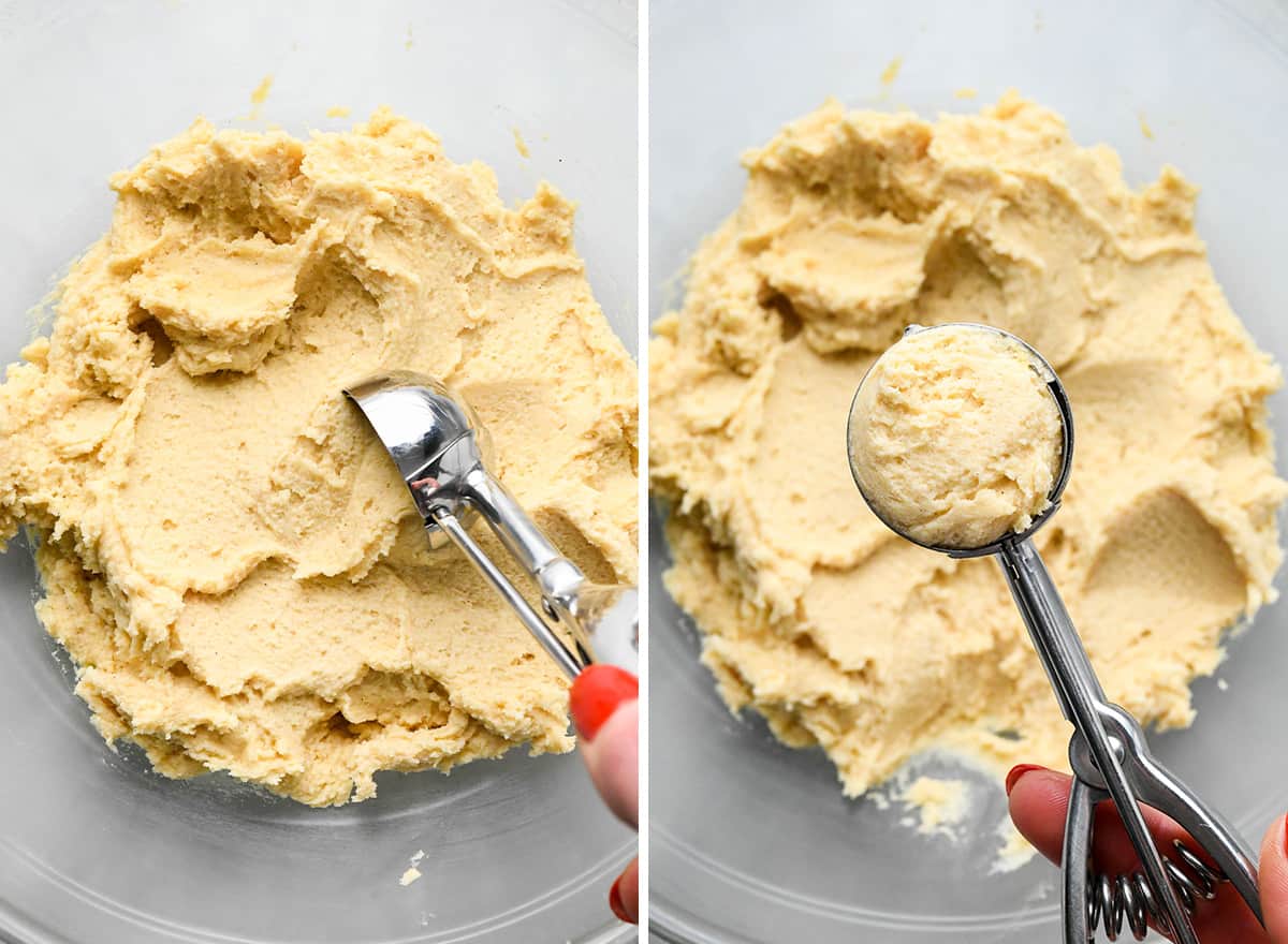 two photos showing how to make snickerdoodle cookies - scooping dough