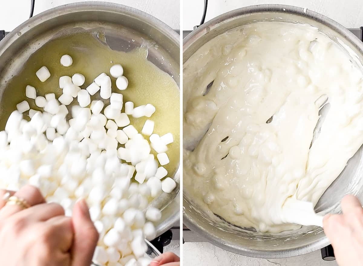 two photos showing how to make rice crispy treats - melting marshmallows