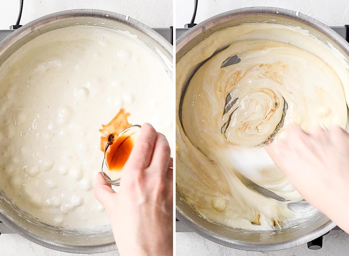 two overhead photos, the left shows vanilla extract being added to the melted butter/marshmallow mixture in a sauce-pot and the right shows a hand stirring the mixture 