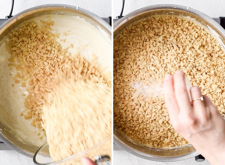two overhead photos of a sauce pot, the left shows rice crispy cereal being poured in and the right shows a hand adding sea salt to the cereal 