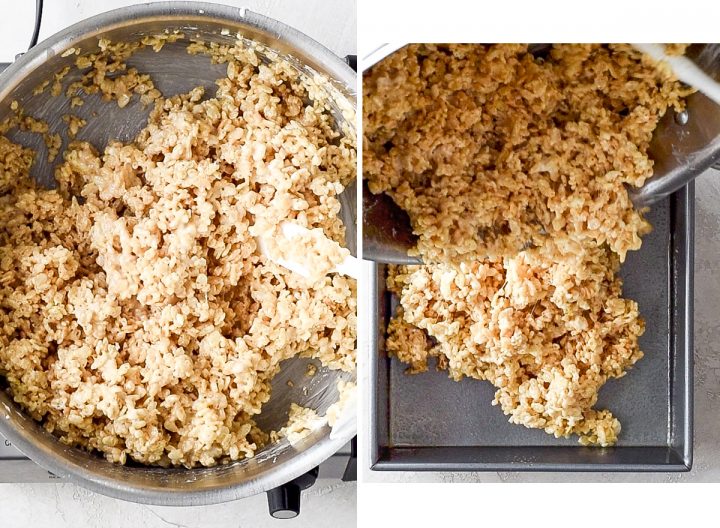 two overhead photos, the right shows the rice crispy treat mixture after being stirred, the left shows the mixture being poured into a baking pan