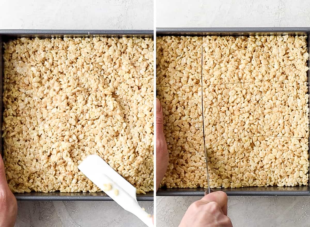 two overheat photos of an 8x8" metal baking pan. The left shows a spatula pressing the Rice Crispy Treat mixture into the pan, the right shows hands cutting the rice crispy treats into squares. 