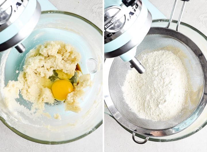 two overhead photos of a blue standing mixer. the left shows egg and vanilla added to the dough mixture, the right shows flour being sifted into the bowl