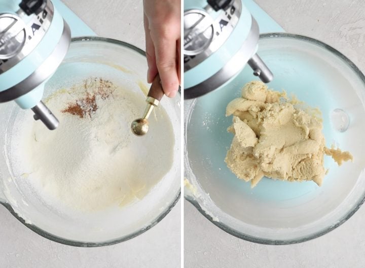two overhead photos of a blue standing mixer, the left shows a hand adding salt to the bowl, the right shows the final Snickerdoodle Cookie dough