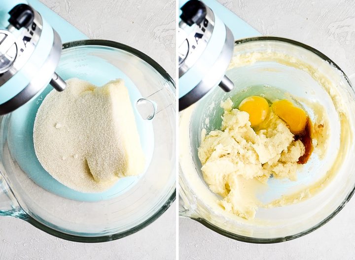 two overhead photos showing how to make sugar cookies -left shows butter and sugar before creaming, the right photo shows eggs and vanilla added to the creamed butter and sugar 