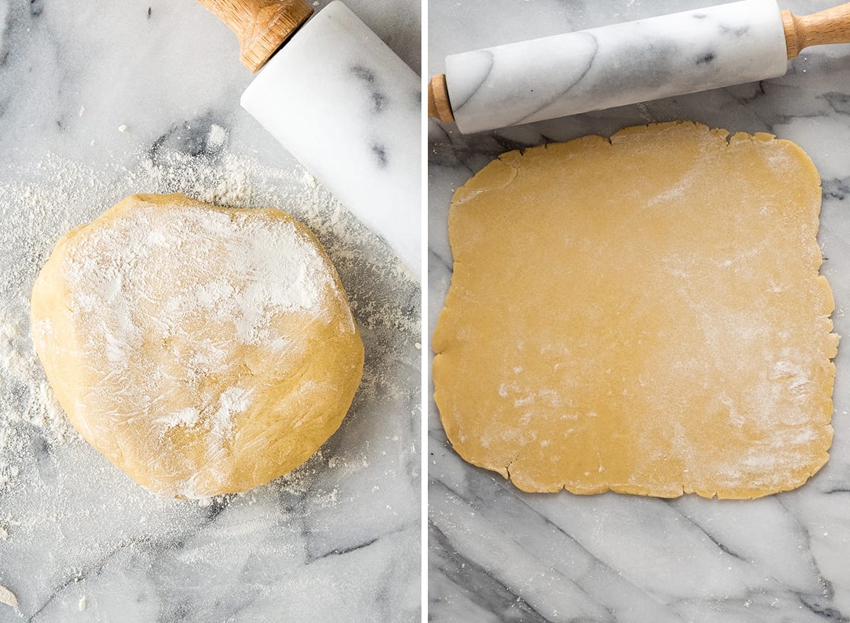 two photos showing how to make sugar cookies - rolling out the dough
