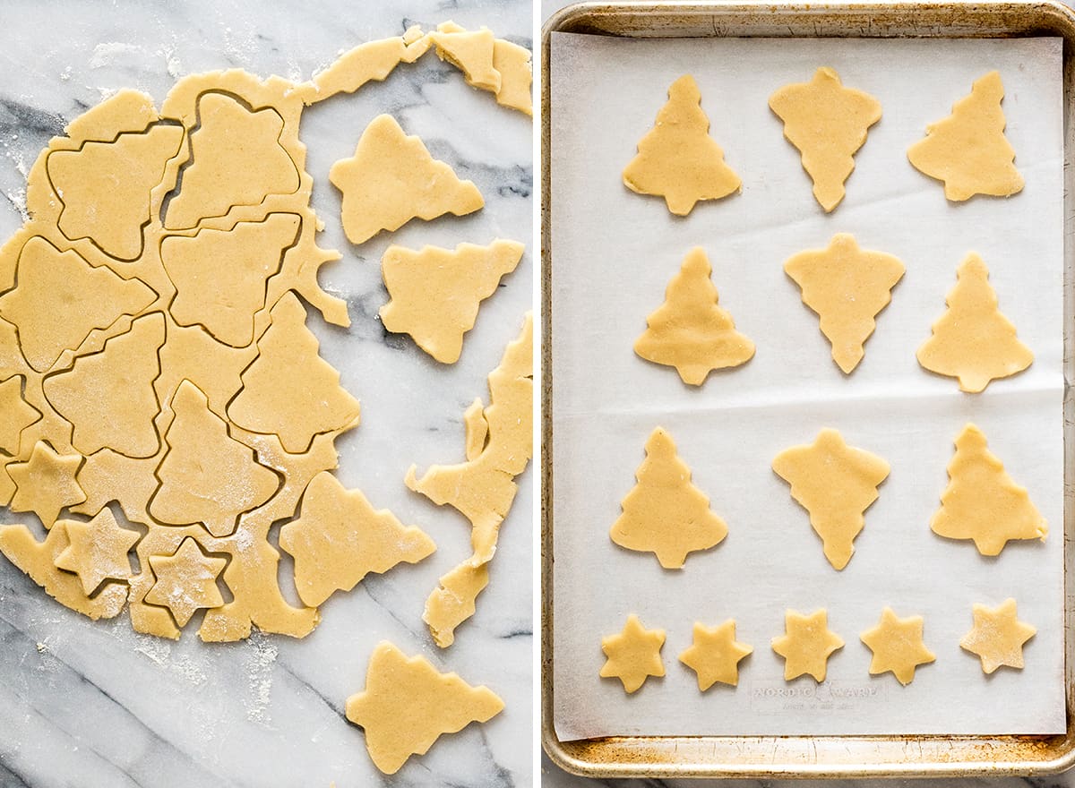 two overhead photos showing how to make sugar cookies, cutting them out and putting them on a baking sheet