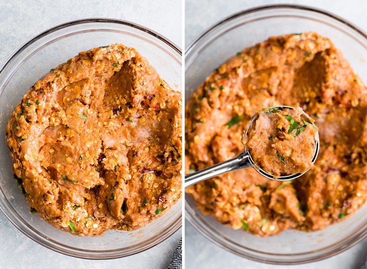 two overhead photos showing the Healthy Turkey Meatballs mixture in a glass bowl. the right photo shows some of the mixture being scooped out with a cookie scoop. 