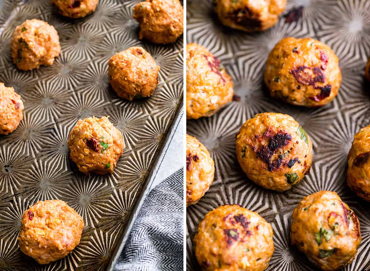 two overhead photos, the left shows unbaked Healthy Turkey Meatballs on a baking sheet before baking, the right shows the meatballs on the baking sheet after they have been baked. 