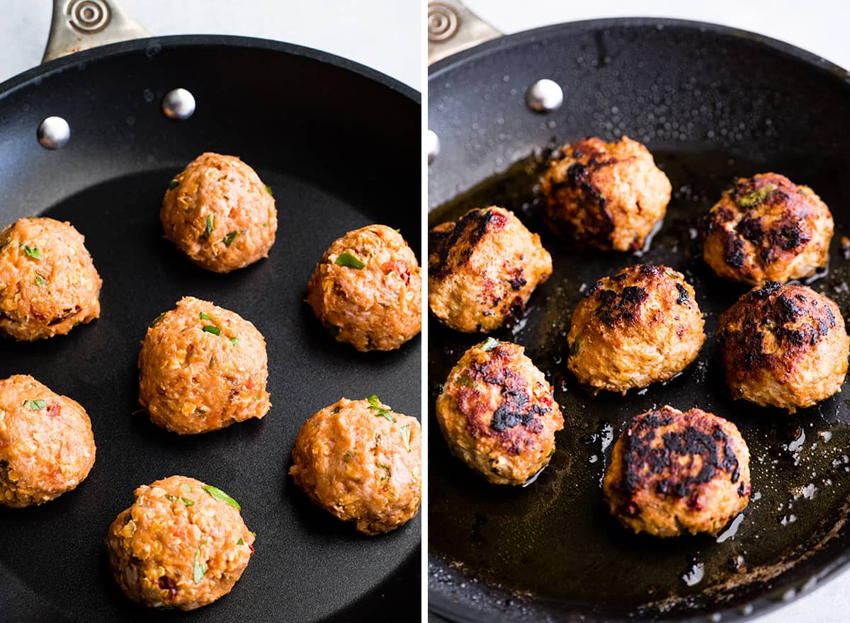 two overhead photos of Healthy Turkey Meatballs in a nonstick fry pan. the left shows them before cooking, the right shows them once they have been cooked. 