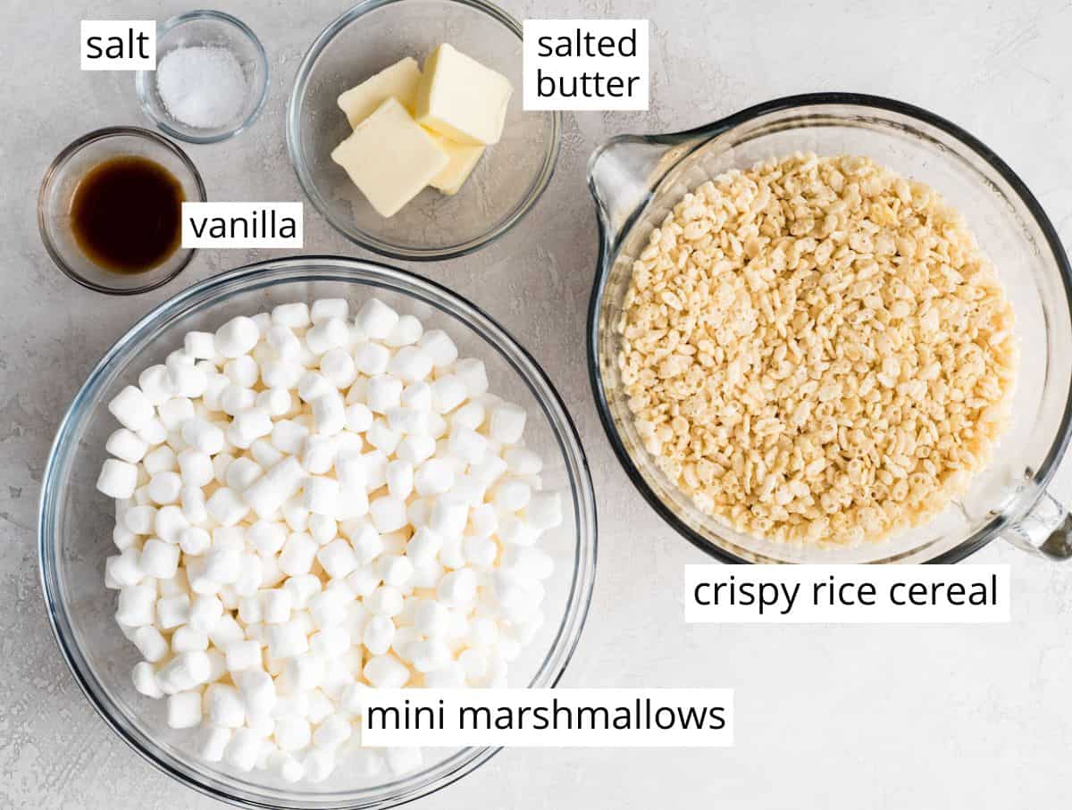 overhead view of the labeled ingredients for this Rice Crispy Treats recipe