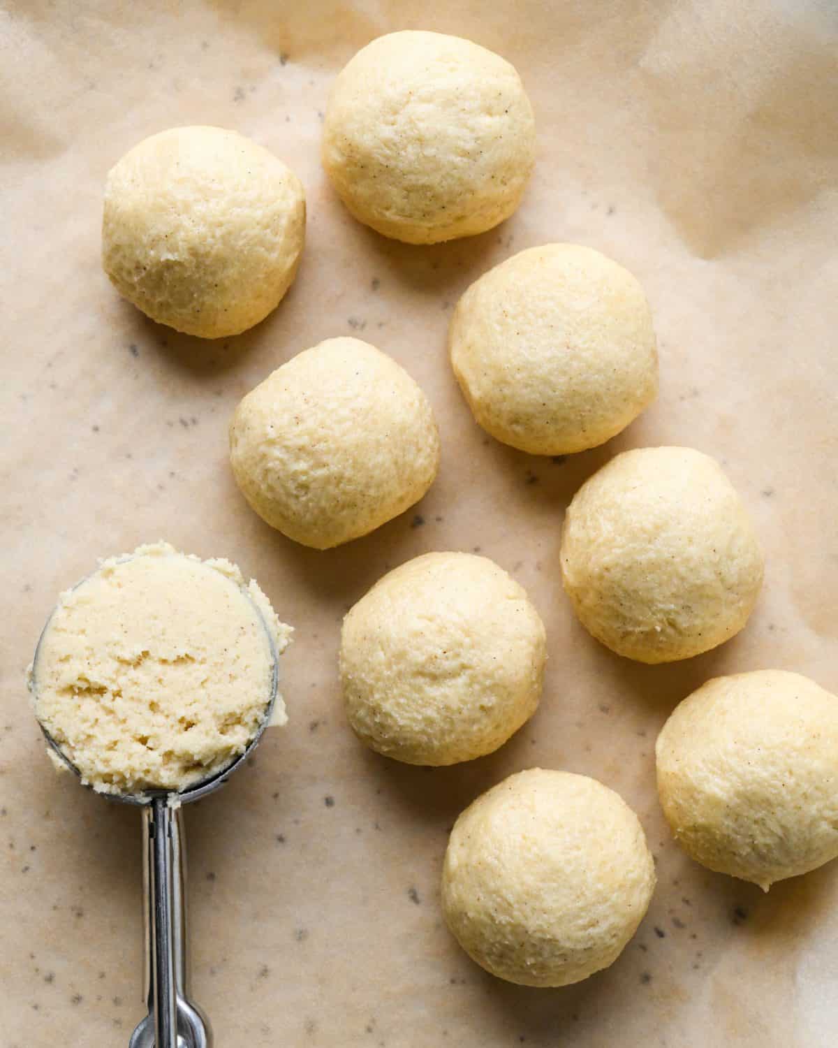 making snickerdoodles - 8 snickerdoodle cookie dough balls on parchment paper in 4 rows of two with a cookie scoop with more dough in it to the right of the balls
