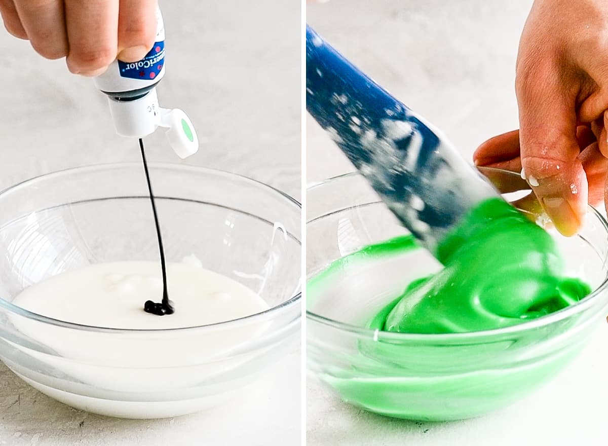 two front view photos. the left shows a hand squeezing green food coloring into a bowl of white sugar cookie frosting. the right photo shows a hand mixing the green frosting with a blue spatula. 